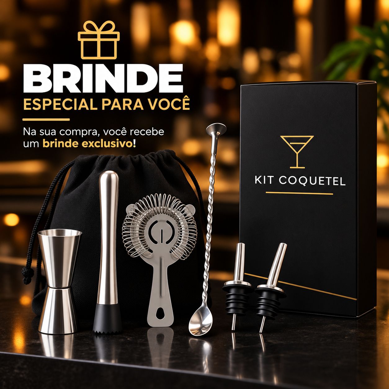 Brinde exclusivo BarVitta: bolsa, dosador, socador, coador, colher e dosadores de garrafa